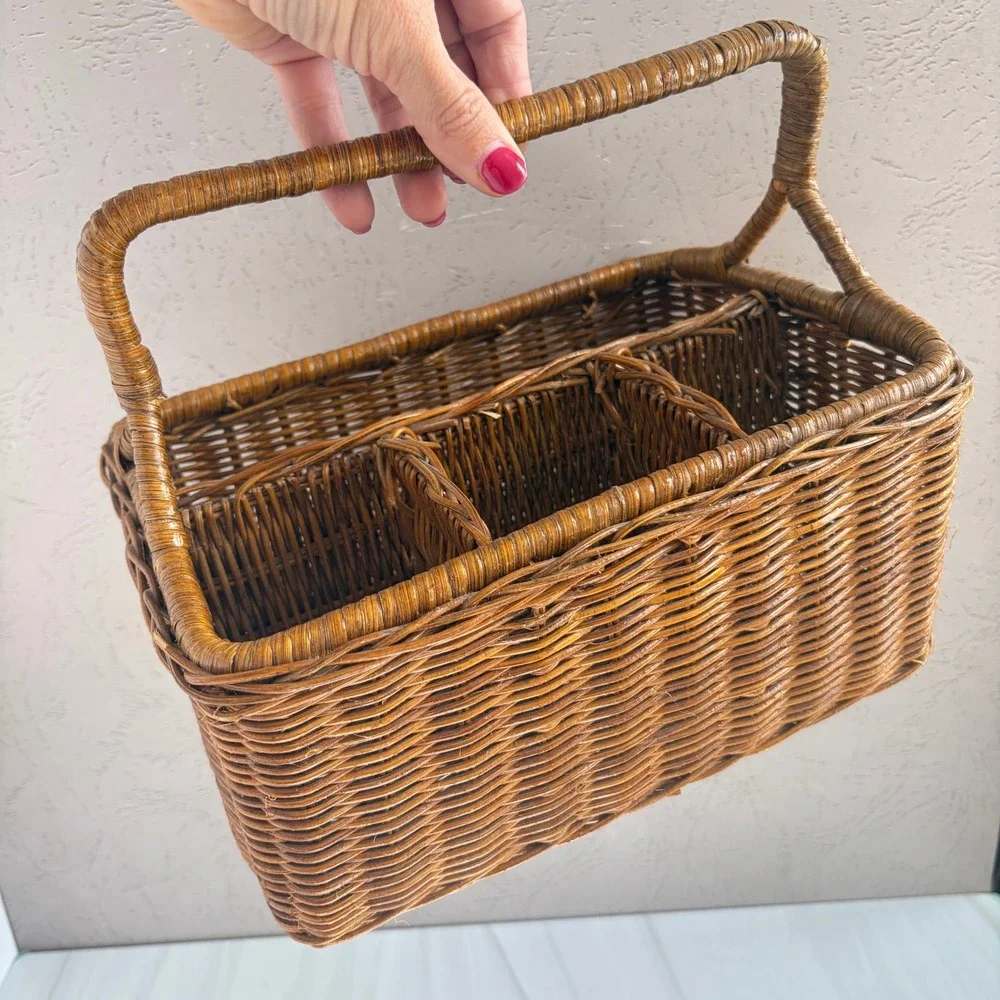 Vintage Wicker Utensil Caddy Handwoven Silverware Napkin Holder Brown Basket